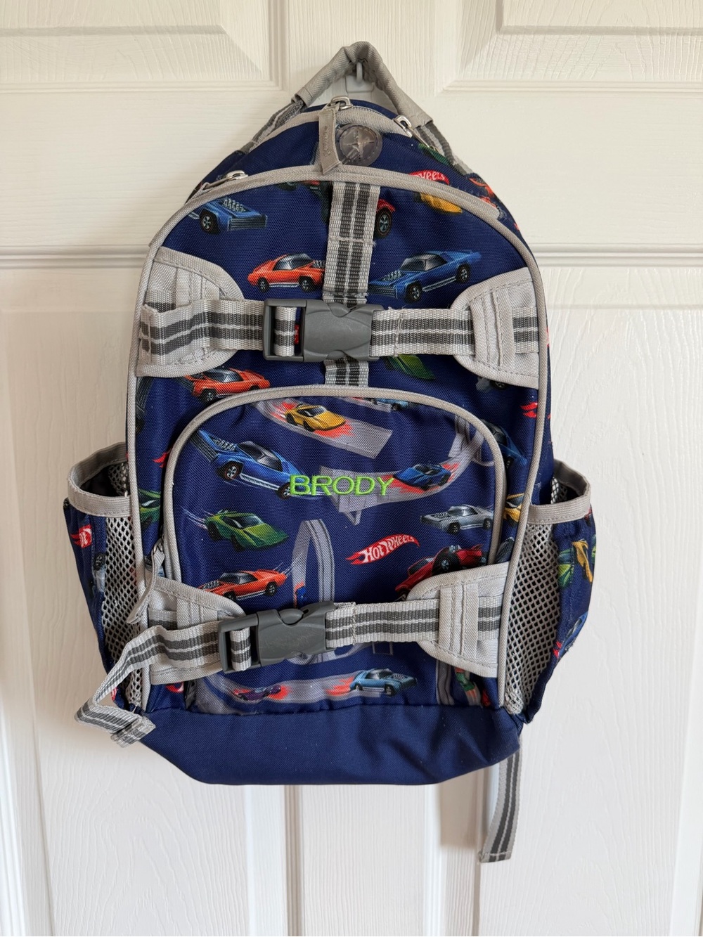 Pottery Barn Kids Navy Blue Hot Wheels Print Backpack with “Brody” Monogram